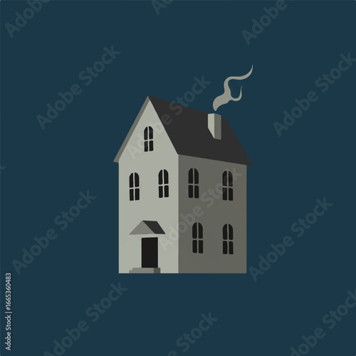 A spooky minimal flat 2D vector illustration depicts an isolated haunted house with a dark, eerie atmosphere, featuring sharp angles and a mysterious, foreboding presence against a muted background.