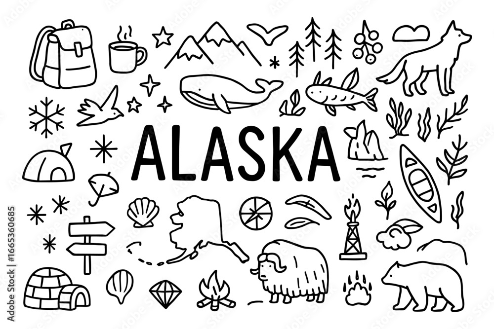 Fototapeta premium Explore alaska: adventure icons featuring wildlife and nature in minimalist line art