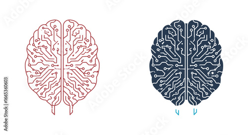 Brain circuit boards with red and blue wiring on white background