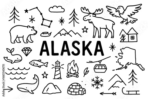 Alaska symbols in simple doodle style featuring wildlife and nature icons