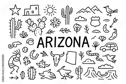 Arizona doodle art: desert icons and southwest symbols in fun hand-drawn style