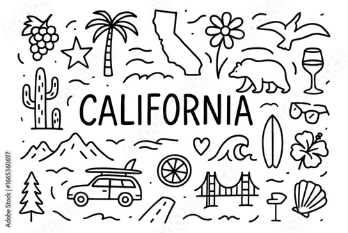 California doodle art featuring iconic symbols and nature in hand drawn style