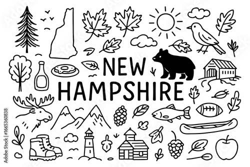 New hampshire doodle art with nature, wildlife, and iconic landmarks