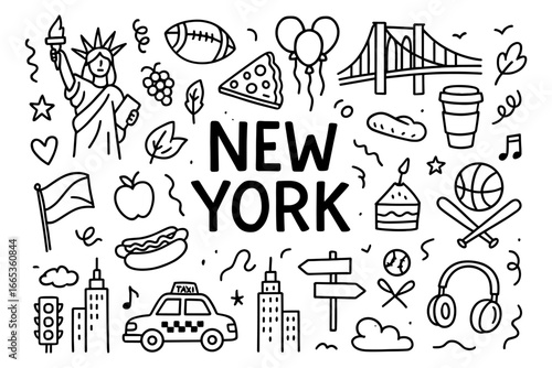 New york city icons in linear style featuring landmarks, food, and activities