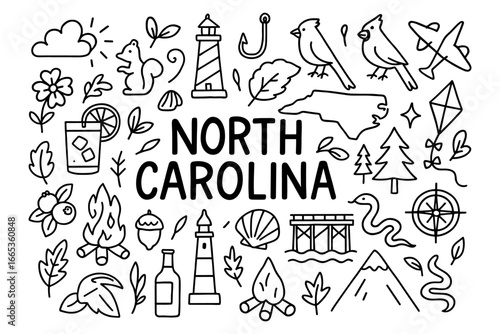 North carolina icons: outline style illustrations of state symbols and nature