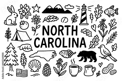North carolina doodle set featuring landmarks and wildlife in hand-drawn style