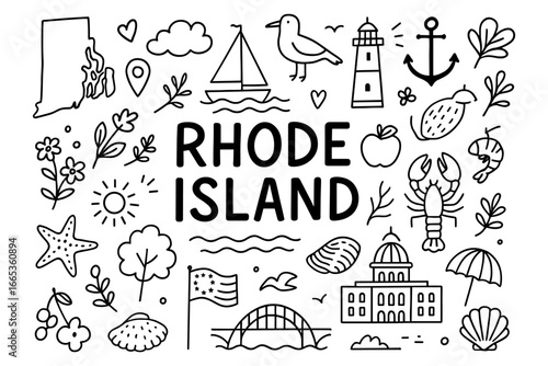 Rhode island doodles: iconic symbols and landmarks in simple line art
