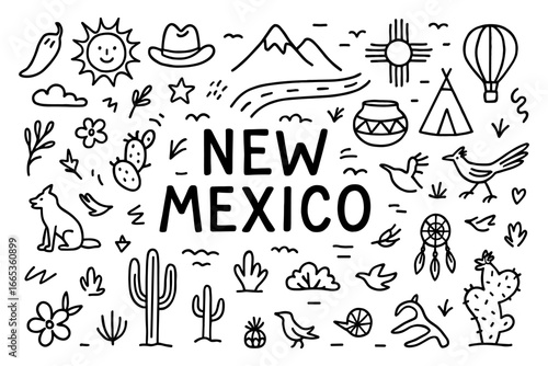 Hand drawn new mexico doodle set featuring iconic southwestern symbols