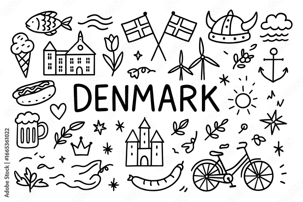 Fototapeta premium Denmark icons set with viking helmet, windmills, and famous danish symbols in linear style