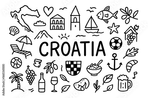 Hand drawn doodle icons celebrating croatia's culture and landmarks