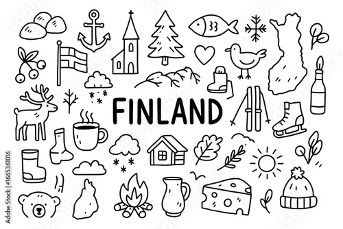 Finland doodle collection featuring icons of culture, nature, and lifestyle