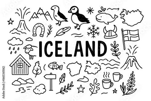 Doodle style iceland icons featuring nature, wildlife, and national symbols