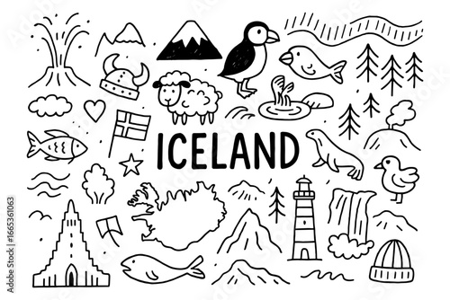 Iceland icons: doodles of wildlife, nature, and culture