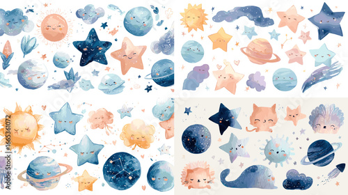Adorable watercolor planets, stars, moons, and space animals in soft pastel tones. Great for children’s decor, stickers, stationery, and educational designs.