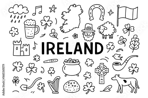 Ireland doodle collection: iconic symbols and culture in hand-drawn style