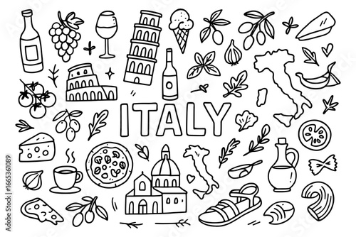 Italian culture icons in doodle art featuring landmarks, food, and symbols