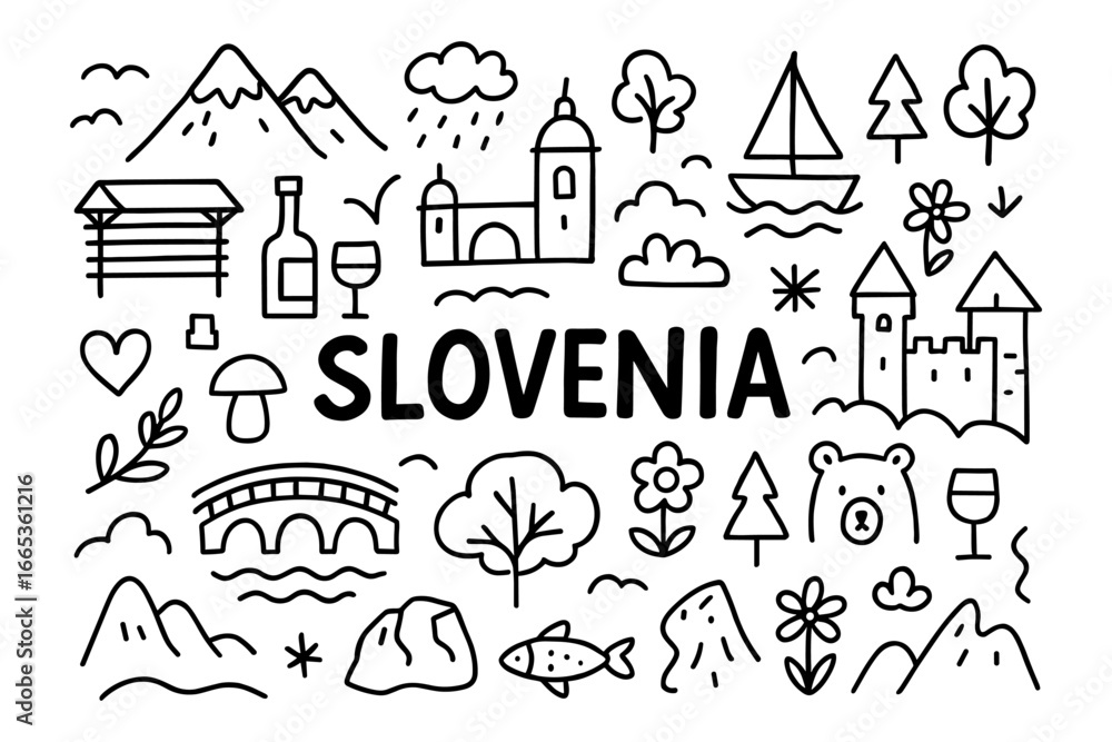 Fototapeta premium Slovenia doodle art: iconic landmarks and nature elements in simple outline design