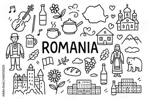 Romania doodles: traditional elements and cultural icons in outline style