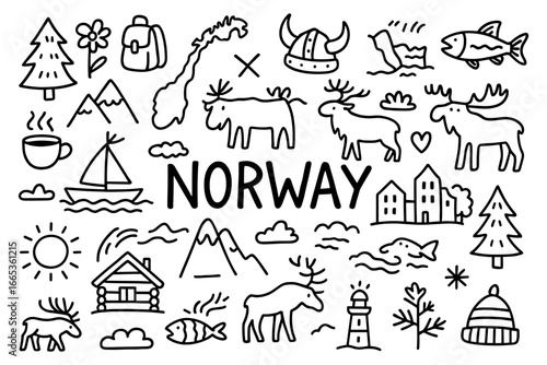 Norway doodle art featuring nature, culture, and iconic landmarks