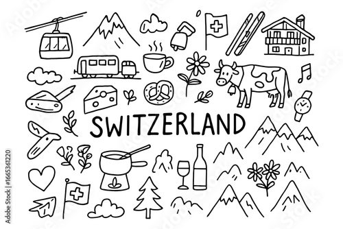 Charming doodle collection of swiss symbols and landmarks featuring mountains and cheese