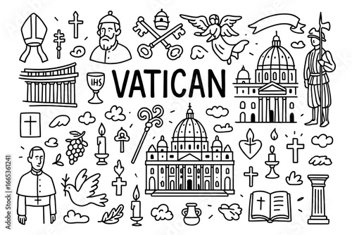 Vatican icons set with religious symbols and architecture in linear style