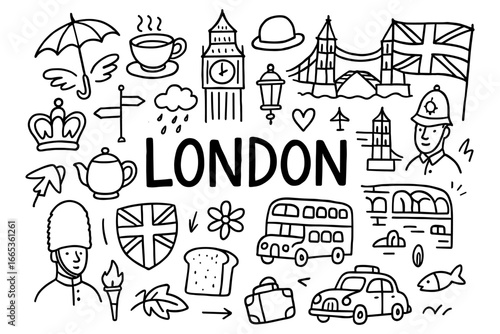 Hand-drawn london icons: big ben, union jack, double-decker bus, and more