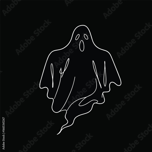An ethereal outline ghost, depicted as a minimalist spectral figure with a flowing form, hovers mysteriously, capturing the spooky essence of apparitions in a clean vector line illustration.