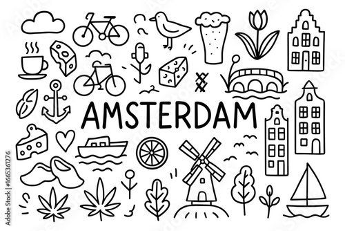 Amsterdam icons hand drawn doodle set featuring famous landmarks and symbols