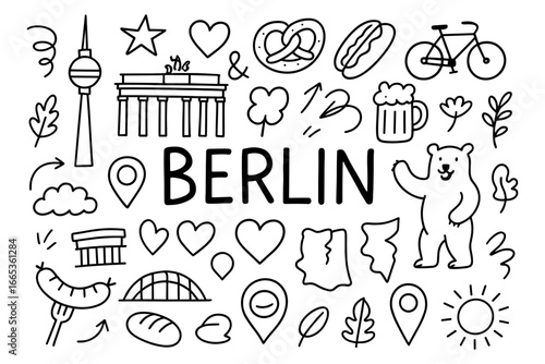 Hand drawn berlin icons featuring famous landmarks and local delights
