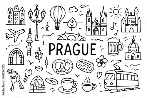Prague doodle design with iconic landmarks and cultural symbols