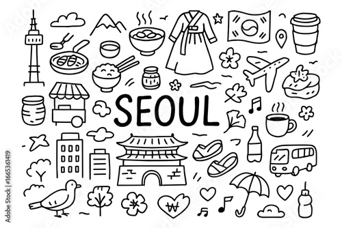 Hand-drawn seoul icons featuring traditional and modern korean culture