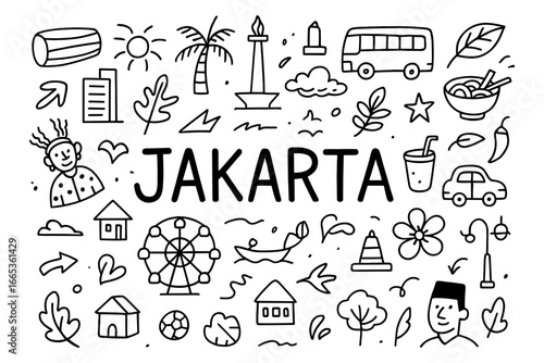 Charming doodle collection highlighting jakarta's iconic symbols and landmarks