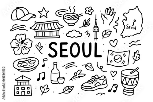 Seoul doodle art: iconic landmarks and cultural symbols in linear style