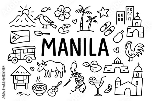 Manila icons: doodle art of culture, landmarks, and lifestyle in black and white