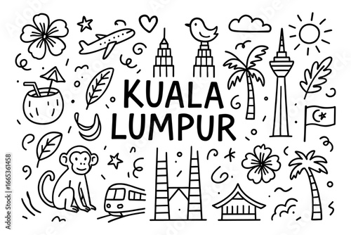 Kuala lumpur doodle collection: iconic landmarks and tropical elements in monochrome