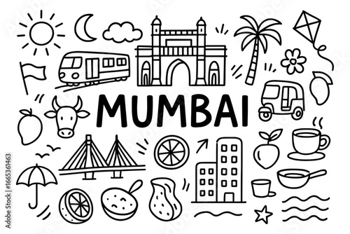 Mumbai landmark doodles featuring gateway, train, and local icons in black and white