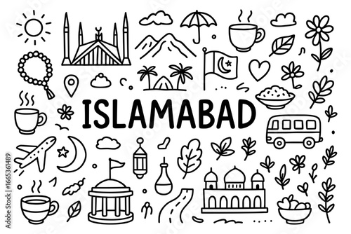Islamabad doodle art featuring landmarks and icons in a linear style