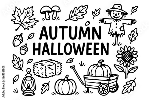 Autumn halloween elements in doodle style featuring scarecrow and pumpkins
