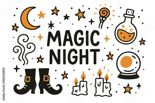 Magic night: enchanting elements with stars, moon, and mystical symbols