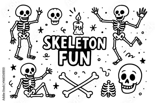 Playful skeletons and skulls in doodle art celebrating halloween fun