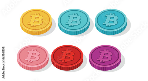 Colorful bitcoin coins in different shades and colors on white background