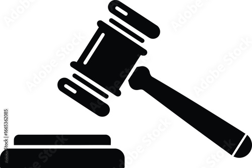 A black icon of a gavel and sound block on a white background Eps 10