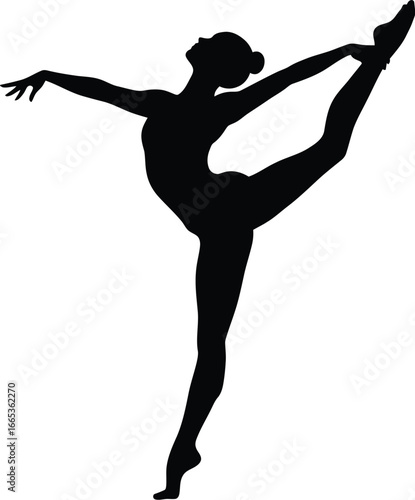 A black silhouette of a female ballet dancer in a graceful pose on white Eps 10