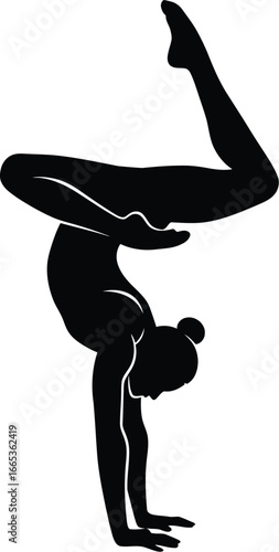 A gymnast performing a handstand with one leg extended upwards in a black silhouette Eps 10