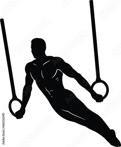Man exercising on gymnastic rings in a flying side pull up position Eps 10