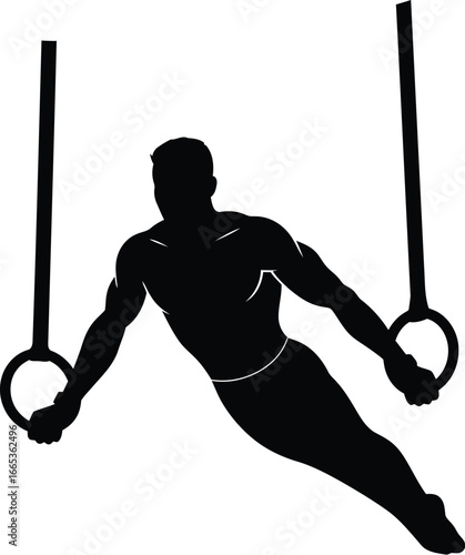 Man exercising on gymnastic rings in a flying side pull up position Eps 10