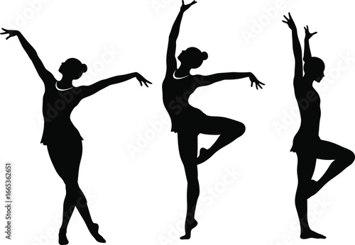 Three black silhouettes of women in various ballet dance poses on white background Eps 10