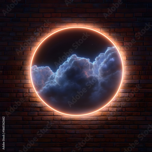 Neon Circle in a Cloud of Smoke against Wall