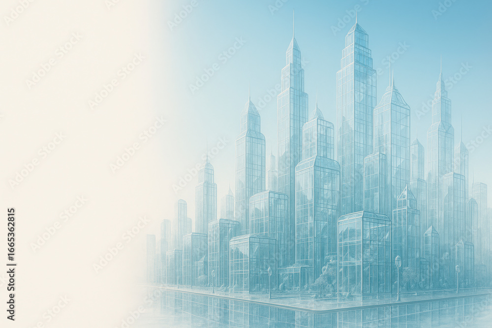 Naklejka premium A transparent city of glass skyscrapers. Space for text.