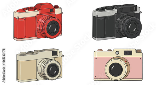 Four different colored cameras on a white background